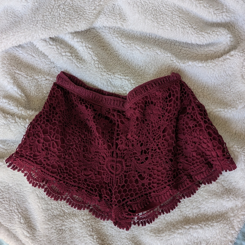 Beach Coverup Burgundy Crochet Lace Mini Shorts